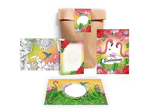 Limonia 8 Einladungskarten zum Kindergeburtstag Einladung Geburtstag Mädchen Karten Flamingo Kolibri Papagei Tropen Palmen incl. 8 Umschläge, 8 Tüten, 8 Aufkleber, 8 Blöcke, 8 Mandalas von Limonia