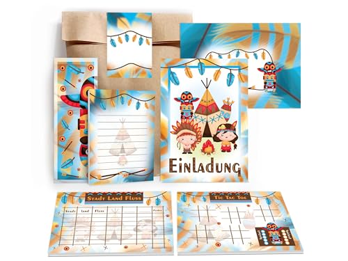 Limonia 8 Einladungskarten zum Kindergeburtstag Einladung Mädchen Jungen Boys Gastgeschenk inkl. 8 Umschläge, 8 Tüten, 8 Aufkleber, 8 Lesezeichen, 8 Blöcke, 8 Stadt-Land-Fluss, 8 Tic Tac Toe Indianer von Limonia