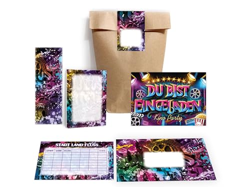 Limonia 8 Einladungskarten zum Kindergeburtstag Kino Cinema Graffiti Street Art Einladung Geburtstag Gastgeschenk inkl. 8 Umschläge, 8 Tüten, 8 Aufkleber, 8 Lesezeichen, 8 Blöcke, 8 Stadt-Land-Fluss von Limonia