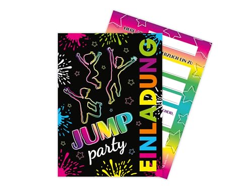 Limonia 8 Einladungskarten zum Kindergeburtstag Motto Jump Party Trampolin neon Feier Fest Einladung Set Geburtstag Mädchen Kinder Jungs Jungen Boys Teenies von Limonia