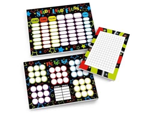 Set 1 Tic Tac Toe + 1 Stadt Land Fluss + 1 Mini-Notizblock je 25 Blätter Papierspiel Mitgebsel Mitbringsel Gastgeschenk zum Kindergeburtstag Motto-Party Reise Jungen Erwachsene Teens Mädchen Disco von Limonia