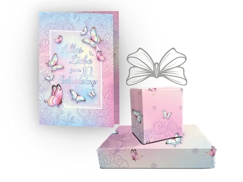 Set XXL A4 Glückwunschkarte zum 10. Geburtstag mit 6 Geschenkpapier-Bögen (A3-Format) Geburtstagskarte Grußkarte Happy Birthday Mädchen Mädels Schmetterlinge Blumen Elegant große Klappkarte von Limonia