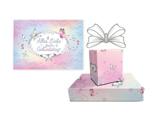 Set XXL A4 Glückwunschkarte zum Geburtstag mit 6 Geschenkpapier-Bögen (A3-Format) Geburtstagskarte Grußkarte Happy Birthday Mädchen Mädels Schmetterlinge Blumen Elegant große Klappkarte von Limonia