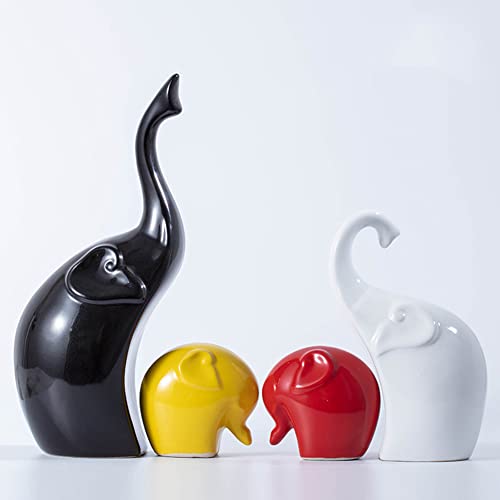 EIN Set von 4 Elefantenskulpturen-Elefantenstatue modernes Design Keramikfarbe. (Schwarz und weiß rot gelb) von Lin's Wood