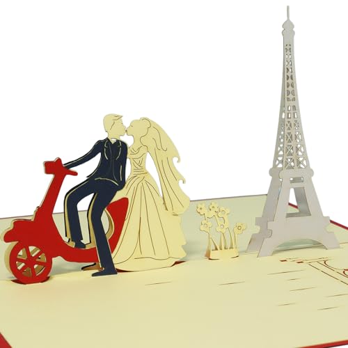 LINPopUp®, LIN17448, Pop Up Karte - Hochzeit, 3D Karte Hochzeitskarte Hochzeitseinladung Glückwunschkarte Hochzeit Liebe Brautpaar Vespa Paris, N80 von LINPOPUP