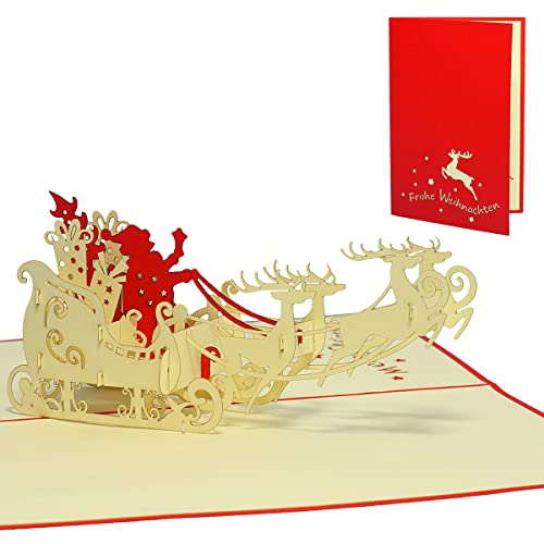 LINPopUp®, POP UP Karten 3D Grußkarten Klappkarten Weihnacht Weihnachtskarten Weihnachtsmann mit Geschenke auf Schlitten, N420 von LINPOPUP