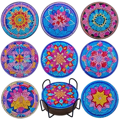 LinJunnz 8 Stück Diamond Painting Untersetzer, Diamant Malerei Untersetzer mit Halter, untersetzer gläser, mit Diamanten und Montagewerkzeuge fur Tassen,Vasen, Kerzen Dekoratio（Mandala） von LinJunnz