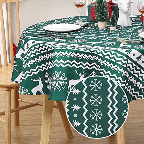 LinTimes Weihnachts-Tischdecke, Weihnachtsmotiv, Rentier, Schneeflocken-Druck, Tischdecke, Tischdecke für Weihnachtsessen, Party, Küchendekoration, 152cm Runden, Grün von LinTimes