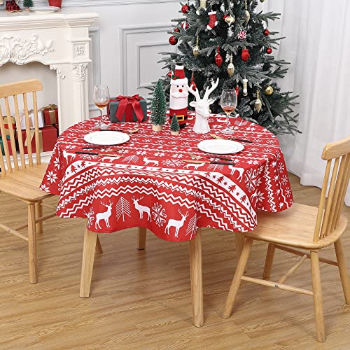 LinTimes Weihnachts-Tischdecke, Weihnachtsmotiv, Rentier, Schneeflocken-Druck, Tischdecke, Tischdecke für Weihnachtsessen, Party, Küchendekoration, 152cm Runden, Rot von LinTimes