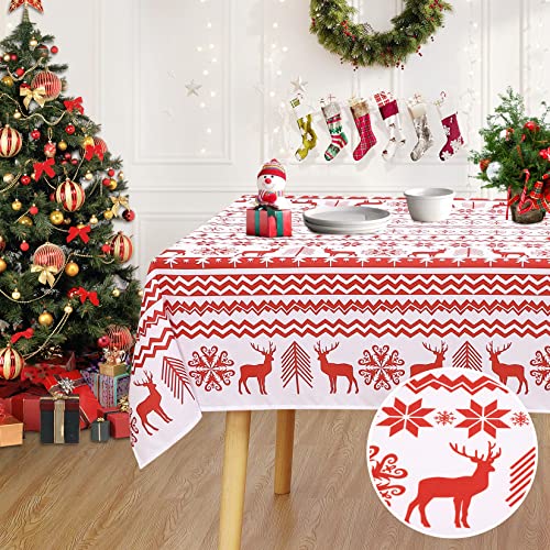 LinTimes Weihnachtstischdecke, Weihnachtsmotiv, Rentier, Schneeflocken, Tischdecke, Tischdecke, Tischdecke für Weihnachtsessen, Party, Küchendekoration, 132 x 200 cm, Weiß von LinTimes