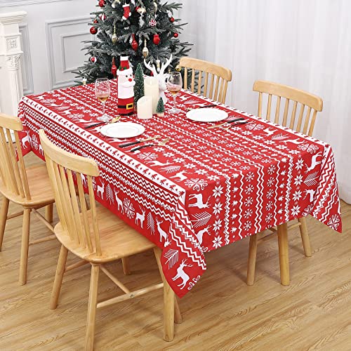 LinTimes Weihnachtstischdecke, Weihnachtsmotiv, Rentier, Schneeflockendruck, Tischdecke, Tischdecke für Weihnachtsessen, Party, Küchendekoration, 132 x 132 cm, Rot von LinTimes