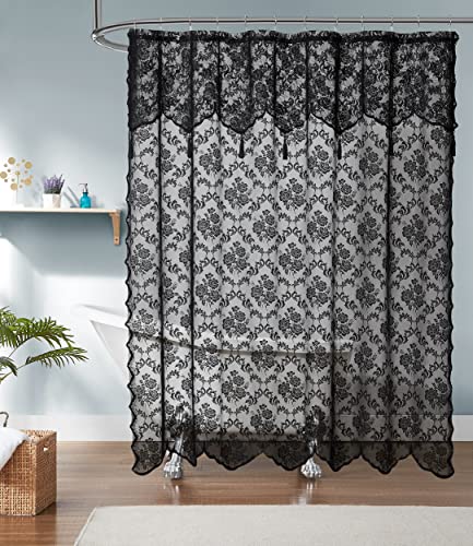 LinenZone Extra langer Spitzenstoff-Duschvorhang mit angenähtem Volant, moderner Bauernhaus-Stil, ideal für Landhaus- oder rustikale Dekoration, 183 x 213,4 cm (Mia Shower Black) von LinenZone