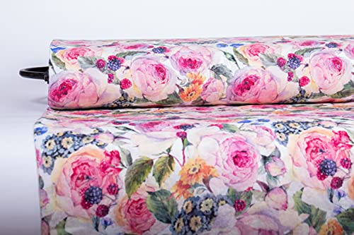 LinenBuy Rosen Edelweiß Beeren Leinenstoff Digitaldruck mittelschwer gewaschener Stoff Meterware MP-536-01 (1 Meter, Rosen Edelweiß Beeren) von Linenbuy