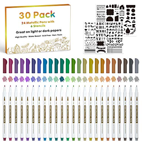 Metallic Stifte, Lineon 30 teiliges Metallic Marker Set, 24 bunte Metallstifte mit feinen Spitzen und 6 DIY-Vorlagen, zum Dekorieren von Fotoalben, Kartenherstellung, Glas, Holz geeignet von Lineon