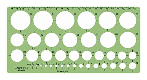 Linex 1116S Kreisschablone, 39 Kreise von 1-35 mm, Tuschenoppen, für Tuschefüller bis 0,5mm, mm-Skala an einer Seite, 240 x 120 mm von Linex