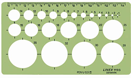 Linex 1118S Kreisschablone, 22 Kreise von 1-35mm, Tuschenoppen, für Tuschefüller bis 0,5mm, mm-Skala an einer Seite, 160 x 90 mm von Linex