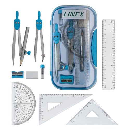 Linex Mathematikgeometrie-Set mit transparenter Hülle, Blau, 10-teiliges Prüfungs-Set mit Kompass, Winkelmesser, Lineal, Geodreiecke und Radiergummi von Linex