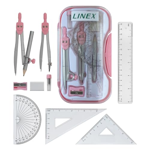 Linex Mathematikgeometrie-Set mit transparenter Hülle, Rosa, 10-teiliges Prüfungs-Set mit Kompass, Winkelmesser, Lineal, Geodreiecke und Radiergummi Linex Mathematikgeometrie-Set mit transparenter Hülle, Rosa, 10-teiliges Prüfungs-Set mit Kompass, Winkelmesser, Lineal, Geodreiecke und Radiergummi von Linex