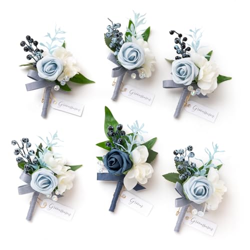 Ling's Moment Boutonniere für Herren, 6 Stück Bräutigam Bräutigam Boutonniere, künstliche Blumen für Hochzeitsdekor/Abschlussball/Heimkehr usw. Staubiges Blau Hellblau Ling's Moment Boutonniere für Herren, 6 Stück Bräutigam Bräutigam Boutonniere, künstliche Blumen für Hochzeitsdekor/Abschlussball/Heimkehr usw. Staubiges Blau Hellblau von Ling's Moment