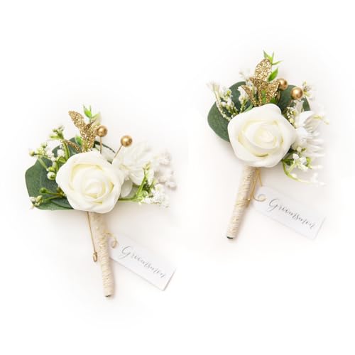 Ling's Moment ansteckblume Anzug Buttonhole für Männer, 2 Stück Bräutigam Trauzeugen Gast-Boutonniere, künstliche Blumen für Hochzeit/Abschlussball/Heimkehr usw. Weißer Babyatem Elfenbein von Ling's Moment