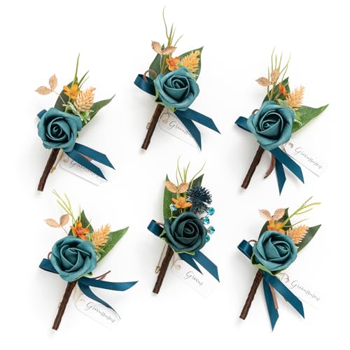 Ling's Moment Boutonniere für Männer, 6 Stück Bräutigam Trauzeugen Boutonniere, künstliche Blumen für Hochzeitsdekoration/Abschlussball/Heimkehr usw. Dunkles Blaugrün gebranntes Orange Ling's Moment Boutonniere für Männer, 6 Stück Bräutigam Trauzeugen Boutonniere, künstliche Blumen für Hochzeitsdekoration/Abschlussball/Heimkehr usw. Dunkles Blaugrün gebranntes Orange von Ling's Moment