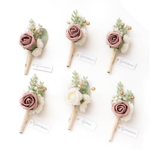 Ling's Moment Boutonniere für Männer, 6 Stück Bräutigam Trauzeugen Boutonniere, künstliche Blumen für Hochzeitsdekoration/Abschlussball/Heimkehr usw. Rosa Staubige Rose Ling's Moment Boutonniere für Männer, 6 Stück Bräutigam Trauzeugen Boutonniere, künstliche Blumen für Hochzeitsdekoration/Abschlussball/Heimkehr usw. Rosa Staubige Rose von Ling's Moment