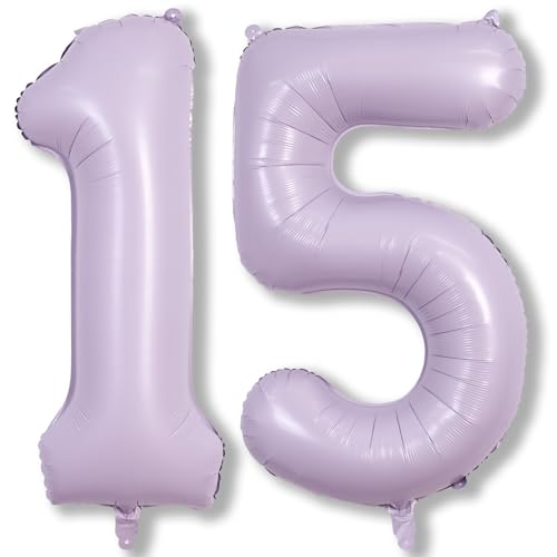 Flieder Geburtstag Zahlen Luftballon 15 Jahre, 40" Hell Lilac Folienballon Zahl 15, Pastell Lila Zahlenballon 15 Geburtstagsdeko Ballon für Mädchen Frau 15. Jubiläum Party Deko, Fliegt mit Helium von Lingqiang
