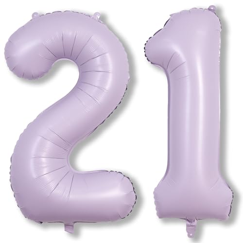 Luftballon Zahl 21 Pastell Lila, 40" XXL Folienballons Zahlen 21 Hell Flieder Helium Ballons, Riesen Lilac Zahlenballon 21. Geburtstag für Mädchen Frau 12 21 Jahre Geburtstagsdeko Jubiläum Party Deko von Lingqiang