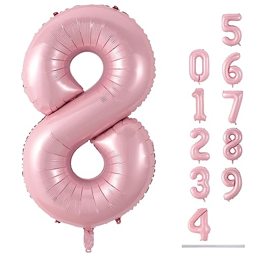 40 Zoll Luftballon 8 Geburtstag Rosa, 101cm Pastell Rosa Folienballon Zahl 8, Hell Pink Zahlen 8. Geburtstagsdeko Ballon für Mädchen, Perl Rosa Helium Zahlenballon 8 Deko zum Frau Jubiläum Party von Lingqiang