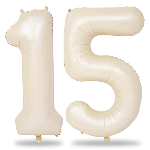 40 Zoll Zahlen Luftballon 15, Beige Folienballon Zahl 1 & 5 Helium Ballons, Riesen Creme 15 Jahre Geburtstag Deko für Mädchen Junge 15. Geburtstagsdeko Frau Mann Jahrestag Jubiläum Party Dekoration von Lingqiang