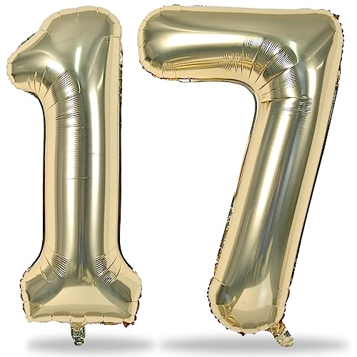 40 Zoll Zahlen Luftballon 17, Champagner Gold Folienballon Zahl 1 & 7 Helium Ballons, Hell Gold 17 Jahre Geburtstag Deko für Mädchen Junge 17. Geburtstagsdeko Frau Mann Jahrestag Jubiläum Party Deko von Lingqiang