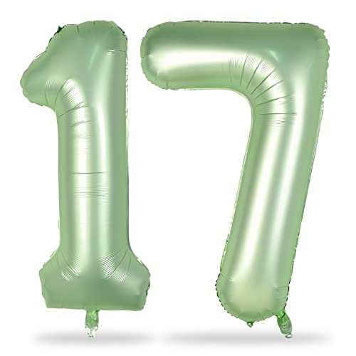 40 Zoll Zahlen Luftballon 17, Salbeigrün Folienballon Zahl 1 & 7 Helium Ballons, Riesen Grün 17 Jahre Geburtstag Deko für Mädchen Junge 17. Geburtstagsdeko Frau Jahrestag Jubiläum Party Dekoration von Lingqiang