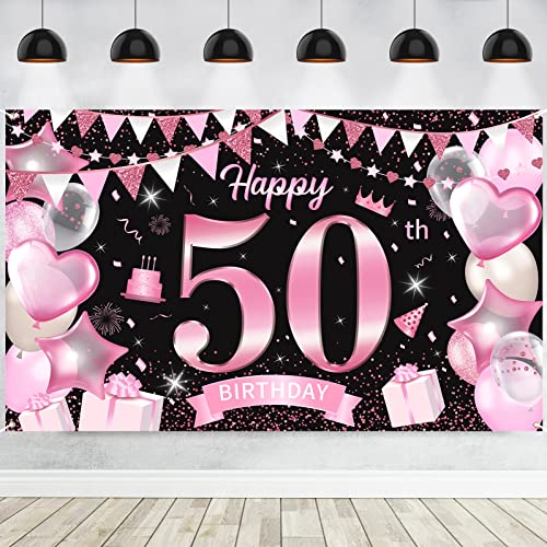 50. Geburtstag Banner für Frau, Große Schwarz Rosa 50 Geburtstag Deko Hintergrund, 50 Jahr Geburtstag Party Poster Zeichen für Outdoor Haus Garten Wand Fotografie Dekoration Zubehör, 72,8 × 43,3 Zoll von Lingqiang