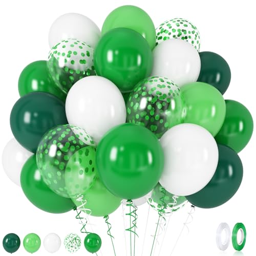 60 Stück Ballons Grün Weiß, 12 Zoll Dunkelgrün Hellgrün Limonengrün mit Grün Konfetti Helium Luftballons, Grün Weiss Latexballons für Dschungel Safari Dinosaurier Babyparty Geburtstag Party Dekoration von Lingqiang