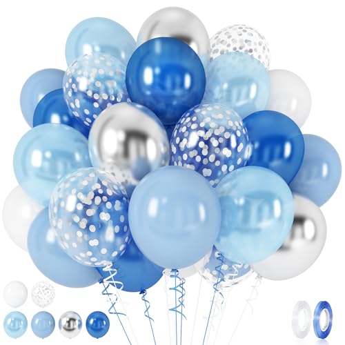 60 Stück Blau Silber Weiss Ballons Set, Perlblau Dunkelblau Hell Blau Weiß Silber Konfetti Metallic Latex Helium Luftballons für Jungen Taufe Babyparty Hochzeit Geburtstag Baby Shower Party Dekoration von Lingqiang