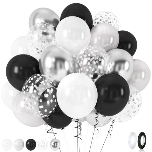 60 Stück Luftballons Schwarz Silber, 12 Zoll Matt Schwarz Weiß Silber Helium Ballons mit Konfetti Latexballons für Hochzeit Geburtstag Abschluss Babyparty Jubiläum Verlobungs Party Dekoration von Lingqiang