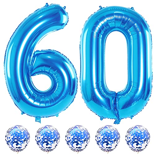 Blau Luftballon 60. Geburtstag, XXL Riesen Zahl 60 Luftballons mit Blau Konfetti Helium Ballons, 40 Zoll Folienballon Zahlen 6 & 0 für Männer Frauen 60 Jhare Geburtstagsdeko Jubiläum Party Dekoration von Lingqiang