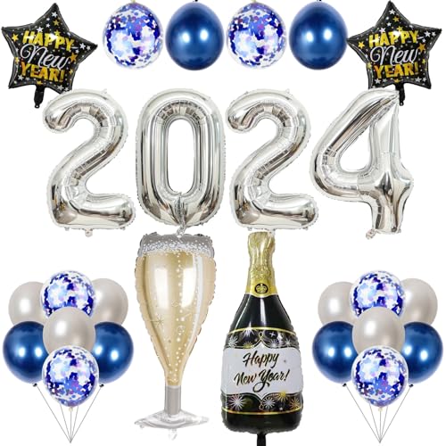 Navy Blau Silber Silvester Deko 2024, Happy New Year Deko 2024 Zahl Folienballons Marineblau Silber Konfetti Ballons Set mit Champagner Glas Stern Luftballons für Mann Junge Neujahr Party Dekoration von Lingqiang