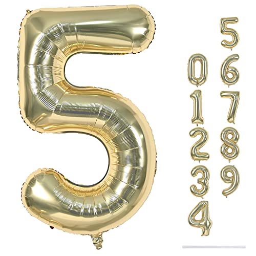 Champagner Gold Folienballon Zahl 5, 101cm Hell Gold Zahlenballon 5 für Mädchen Junge, Gold Zahlen Luftballon 5. Geburtstag Helium Ballon 5 für Frau Mann Geburtstagsdeko Jubiläum Silvester Party Deko von Lingqiang
