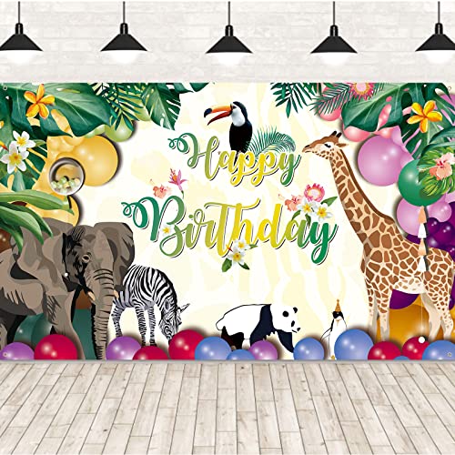 Dschungel Safari Geburtstag Banner, Stoff Wald Tier Happy Birthday Party Deko, Urwald Tier Geburtstag Poster Hintergrund für Junge Mädchen Geburtstagdeko Foto Wand Dekoration Zubehör, 185 x 110 cm von Lingqiang
