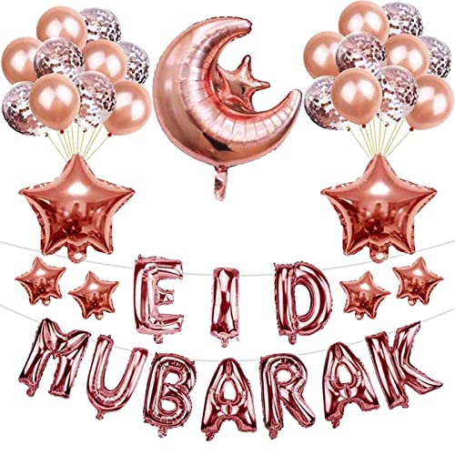 Eid Mubarak Luftballons Set, Roségold Konfetti Ramadan Latex ballons Mond Sterne Folienballons mit EID MUBARAK Luftballons Girlande, Roségold Eid Mubarak Deko für Muslim Eid Party Dekoration von Lingqiang