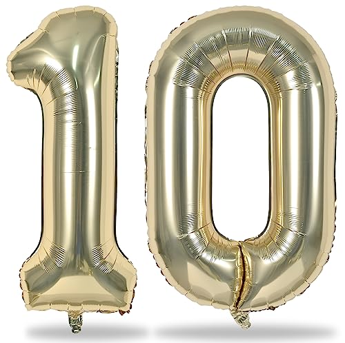 Folienballon Zahl 10 Champagner Gold, 101 cm Riesen Gold Zahlen Luftballons 10 für Mädchen Junge, Hell Gold Luftballon 10. Geburtstag Deko für Frau Mann 10 Jahre Geburtstagsdeko Jubiläum Dekoration von Lingqiang