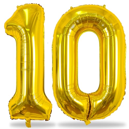 Folienballon Zahl 10 Gold, 101 cm Riesen Gold Zahlen Luftballons 10 für Mädchen Junge, Gold Luftballon 10. Geburtstag Deko Ballons für Frau Mann 10 Jahre Geburtstagsdeko Jubiläum Dekoration von Lingqiang