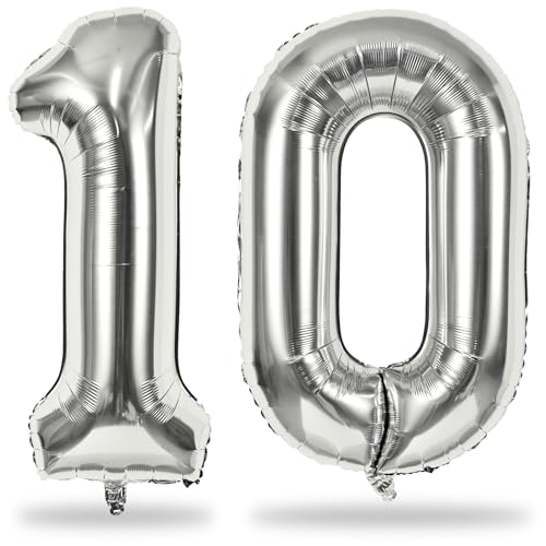 Folienballon Zahl 10. Geburtstag, Riesen Helium Silber Ballon Zahlen für Junge 10. Geburtstagdeko, XXL Zahl Luftballon 1 und 0 Deko zum Mädchen 10 Jahre Geburtstag Frau Mann Jubiläum Party Dekoration von Lingqiang