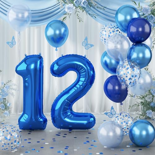 Folienballon Zahl 12 Blau, XXL Zahlen Luftballons 12 mit Hellblau Silber Konfetti Helium Ballons für Junge, 40'' Metallic Navy Marineblau Luftballon 12. Geburtstag für 12 Geburtstagsdeko Jubiläum Deko von Lingqiang