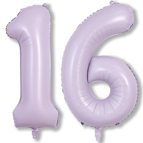 Folienballon Zahl 16 Flieder, 101cm Riesen Pastell Lila Zahlen Luftballons 16 für Mädchen, XXL Hell Lilac Zahlenballon Helium Ballons 16. Geburtstag für Frau 16 Jahre Geburtstagsdeko Jubiläum Deko von Lingqiang