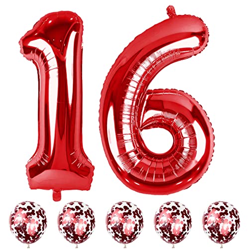 Folienballon Zahl 16 Rot, 101 cm Riesen Zahlen Luftballons 16 mit Konfetti Ballons für Mädchen, Luftballon 16. Geburtstag für Junge Kinder 16 61 Jahre Geburtstagsdeko Jubiläum Deko, Fliegt mit Helium von Lingqiang
