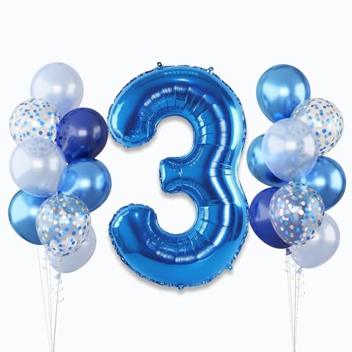 Folienballon Zahl 3 Blau, XXL Zahlen Luftballons 3 mit Pastel Blau Silber Konfetti Helium Ballons für Junge, 40'' Metallic Navy Marineblau Luftballon 3. Geburtstag für 3 Geburtstagsdeko Jubiläum Deko von Lingqiang