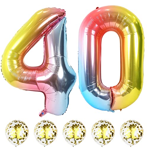 Folienballon Zahl 40 Regenbogen, 101 cm Riesen Zahlen Luftballons 40 mit Gold Konfetti Ballons, Bunt Luftballon 40. Geburtstag für Frau 40 Jahre Geburtstagsdeko Jubiläum Deko, Fliegt mit Helium von Lingqiang