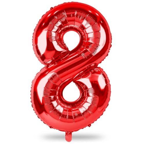 Folienballon Zahl 8 Rot, 101 cm Groß Luftballon 8. Geburtstag, XXL Zahlenballon 8 Geburtstagsdeko Ballon für Mädchen Junge, 40" Luftballon Zahl 8 zum Mann Frau Jubiläum Party Deko, Fliegt mit Helium von Lingqiang